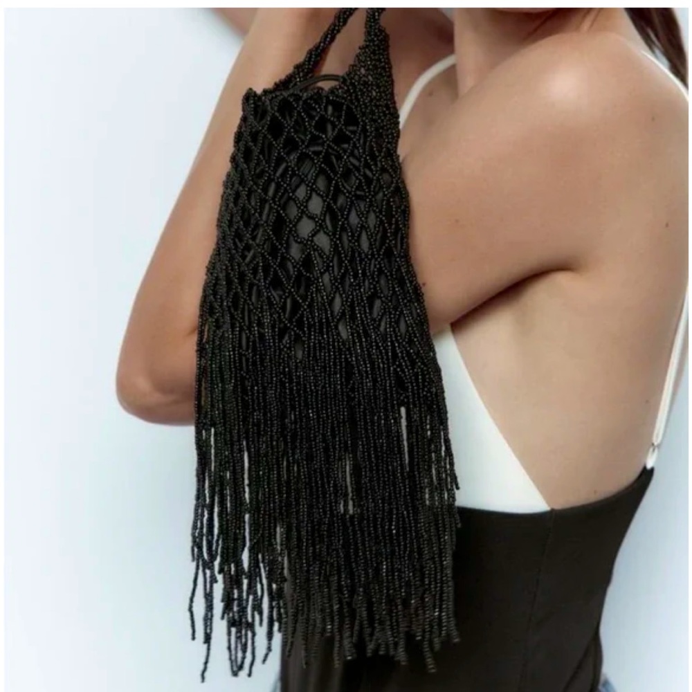 ZARA BLACK BEADED SHOULDER BAG NWT - Picture 2 of 8